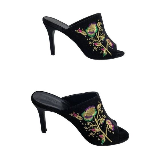 Urban Outfitters Formal Velvet Mules 8 Black Zoe Gold Floral Embroidered 4" Heel - Picture 5 of 13